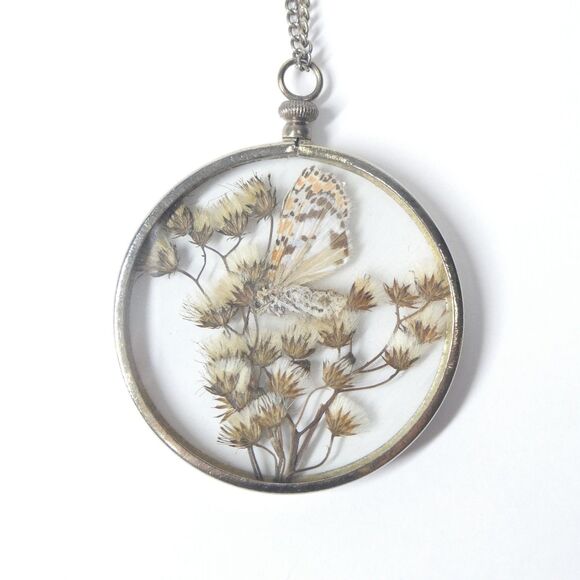 Butterfly & Dried Flower Necklace Real Taxidermy Vintage 1970s Round Pendant - Picture 1 of 11